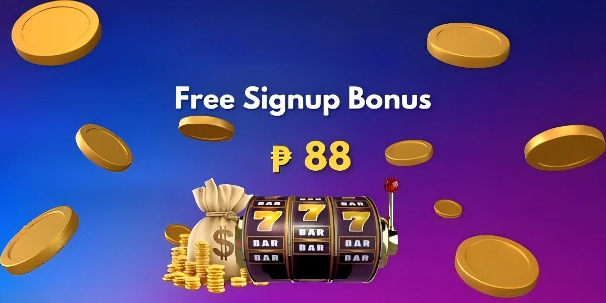 Promotional banner showing a free signup bonus of 88 pesos beside a slot machine with triple sevens, a money bag and gold coins on a blue and purple gradient