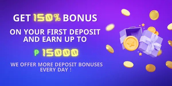Promotional banner with a 150 percent first deposit bonus up to 15000 pesos and gold coins bursting from a white gift box on a purple gradient