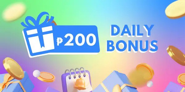 Promotional banner with a 200 pesos daily bonus message, gift boxes and gold coins on a pastel rainbow background